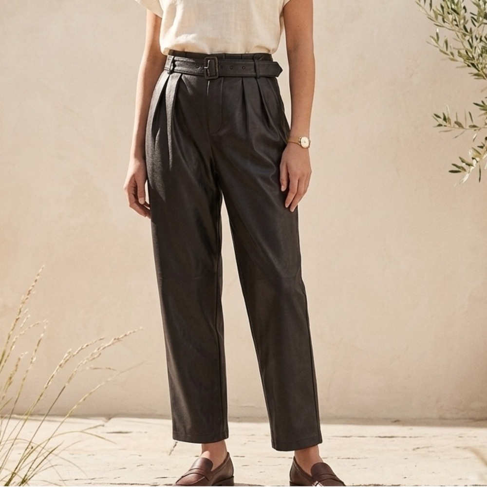 Who What Wear Black Faux Leather Belted Pleated Trousers Size 2